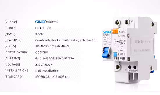 Singi Dz47-63 6ka 1 Pole 63A Electrical Low Voltage MCB Miniature Circuit Breaker